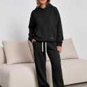 Womens 2 Piece Sweatsuit Set, 2025 Casual Long Sleeve Hoodie with Loose Wide Leg Sweatpants for Fall and Winter (Black, M)