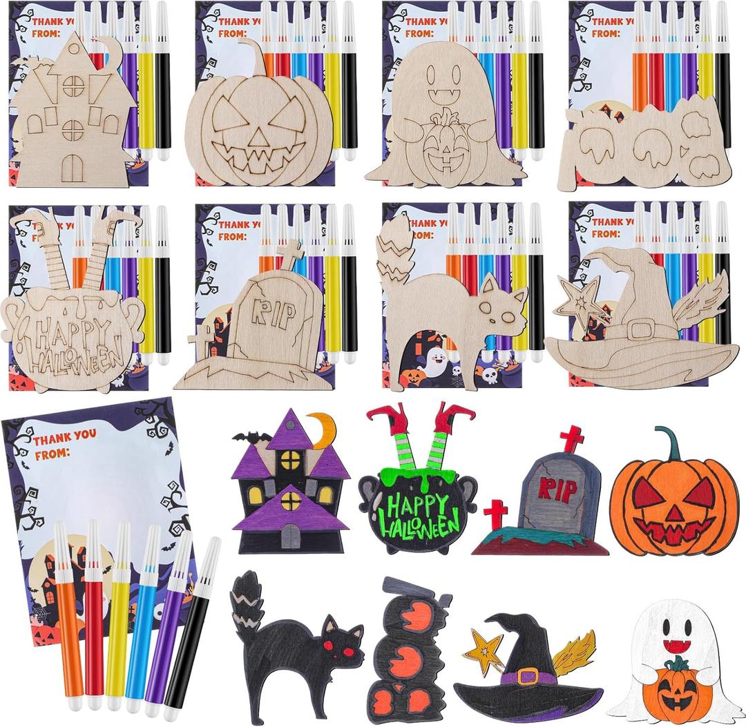 24 Pcs Halloween Wooden Painting Crafts Kit Thank You for Coming Gifts for Kid Pumpkin Skull Bat Ghost Blank Unfinished Wooden DIY Crafts Paint Halloween Party