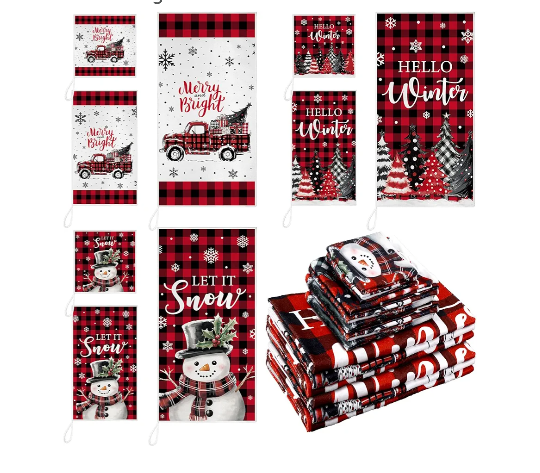Bencailor Red,Black 9 Pcs Christmas Bathroom Towels Set Red and Black Buffalo Check Towel Snowman Truck Christmas Tree Decoration for Bathroom Xmas Parties Restaurant Winter Housewarming Gifts