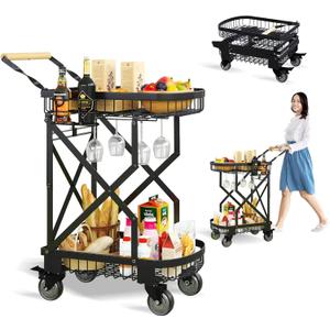 2-Tier Foldable Shopping Cart for Groceries, Collapsible Cart with 360 Rolling Swivel Wheels, Heavy Duty Multi Function Folding Utility Cart for Camping Gear, Traveling, Laundry, Garden, Pantry