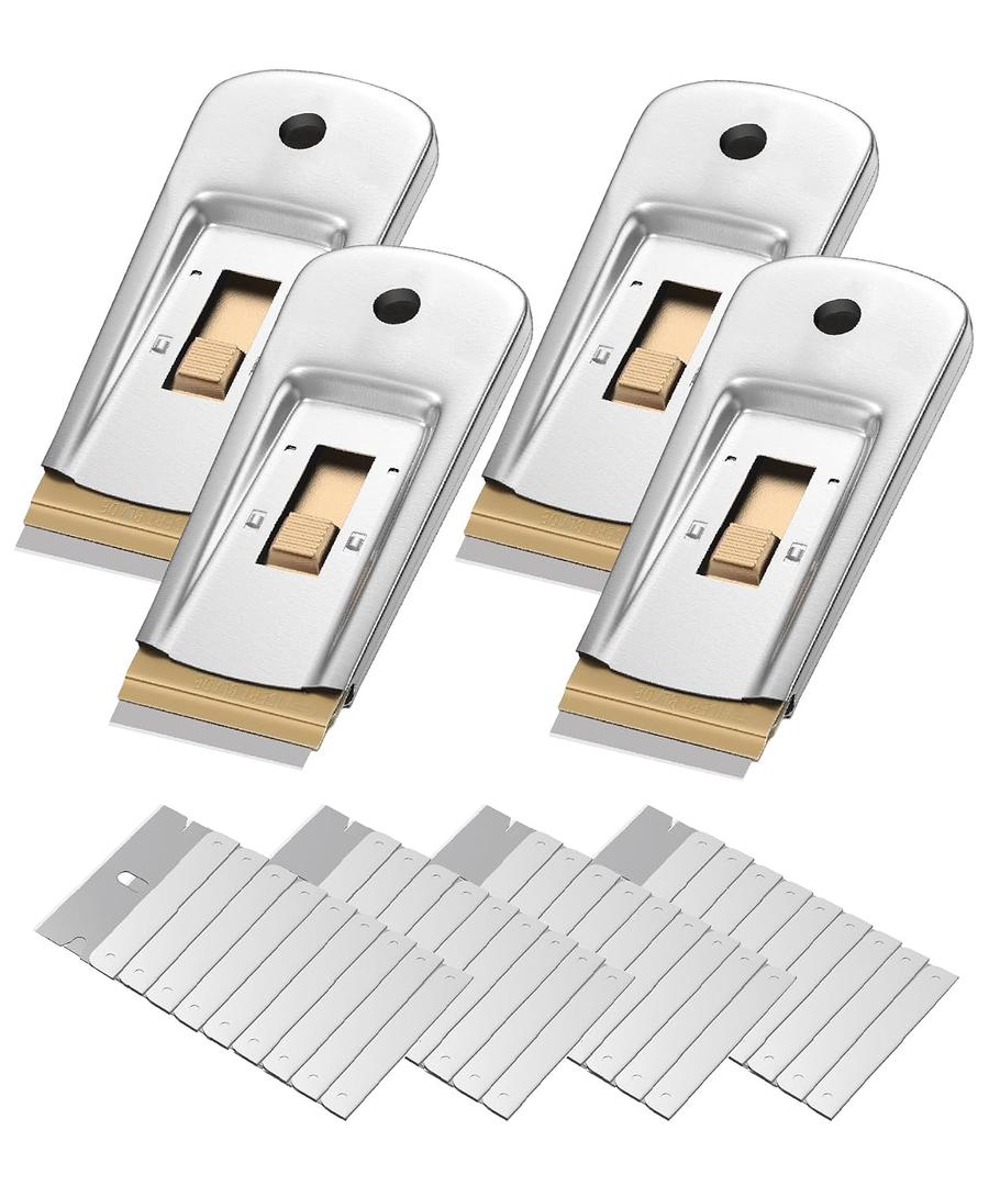 Bates- Metal Razor Blade Scraper Tool, 4 Pack, 40 Extra Carbon Steel Blades, Stainless Steel Heavy-Duty Cleaning Razor Scraper Tool