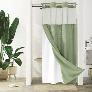 Gibelle Stall Small Shower Curtain 36x74, Waffle Weave Shower Curtain with Snap-in Fabric Liner Set, No Hooks Needed, Hotel Style with Mesh Top Window, Sage Green