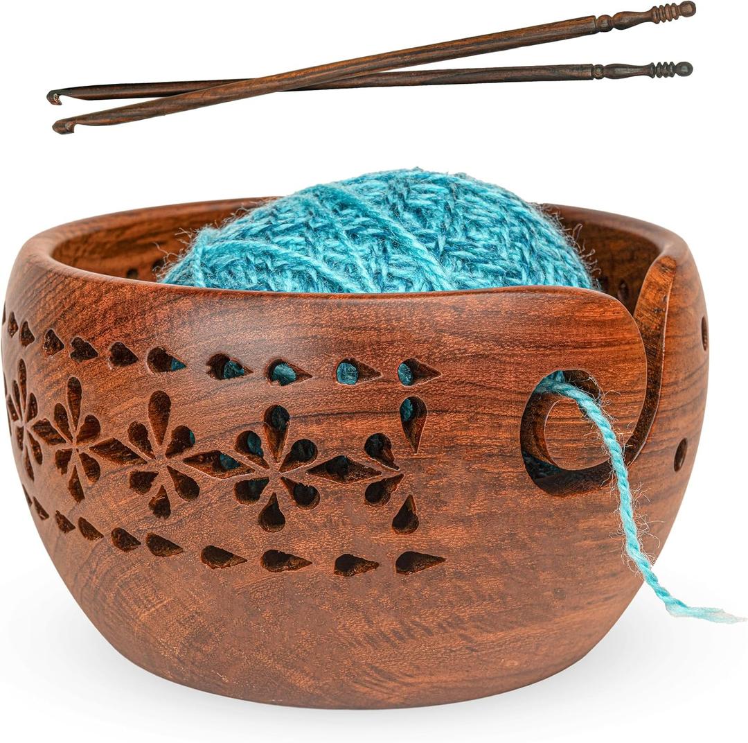 Wooden Yarn Bowls for Crocheting & Knitting - Availabe in 2 Sizes, Exquisite Handmade Small Yarn Bowl Holder, Crochet Bowls for Yarn, Knitting Bowl (Pattern Small)