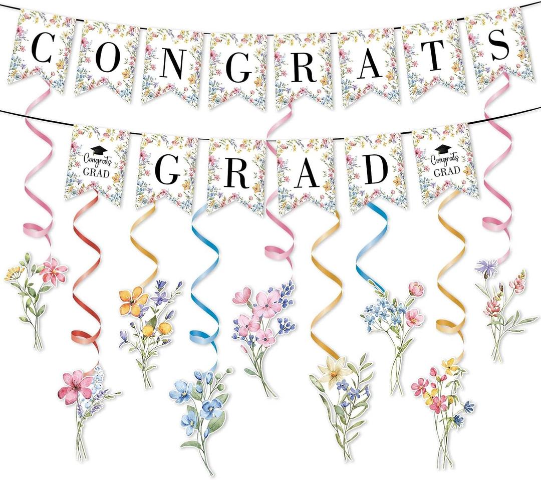 Zliisang 20pcs Wildflowers Graduations 2026 Banner Wildflowers Garland Hanging Swirls Decoration Floral Flowers Girls Class of 2026 Congrats Grad Party Decorations