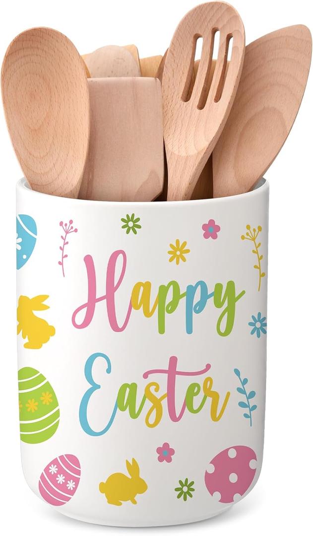 Qinyoung 6.3'' Easter Ceramic Utensil Holder Kitchen Decoration Colorful Spring Egg Bunny Utensil Holder Ceramic Utensils Crock for Rustic Farmhouse Indoor Kitchen Decorations