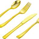 400PCS Gold Plastic Silverware, Gold Disposable Utensils, Heavy Duty Cutlery Set Includes 200 Forks,100 Knives,100 Spoons, Flatware for Party Wedding