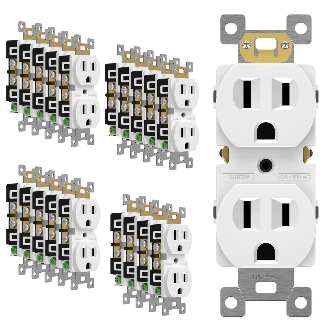 ENERLITES Duplex Receptacle Outlet, Residential Grade Electrical Wall Outlet, 15A 125V, Self-Grounding, 2-Pole, 3-Wire, UL Listed, 61581-W-20PCS, White (20 Pack)