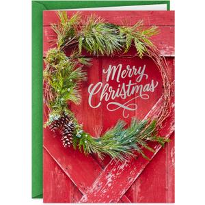 Hallmark Bulk Rustic Boxed Christmas Cards (40 Cards and 40 Envelopes) Red Barn Door with Wreath, Merry Christmas