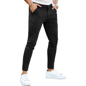 Mens Dress Pants Slim Fit Stretch Fashion Plaid Pant Skinny Leg (28W x 28L, Black Plain)