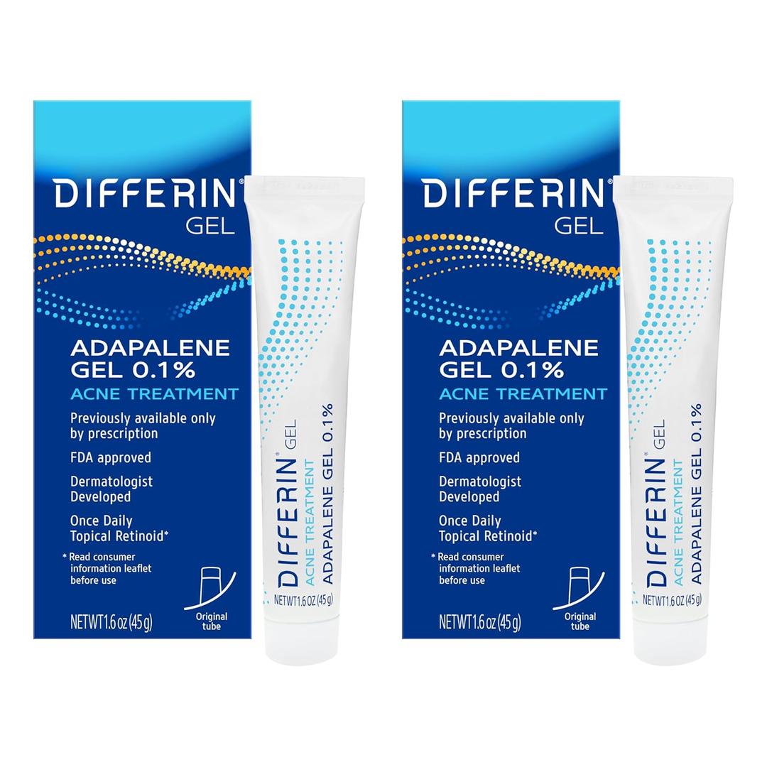 Differin Acne Treatment Gel, 60 Day Supply, Retinoid Treatment for Face with 0.1% Adapalene, Gentle Skin Care for Acne Prone Sensitive Skin, 15g Tube (Pack of 2) 