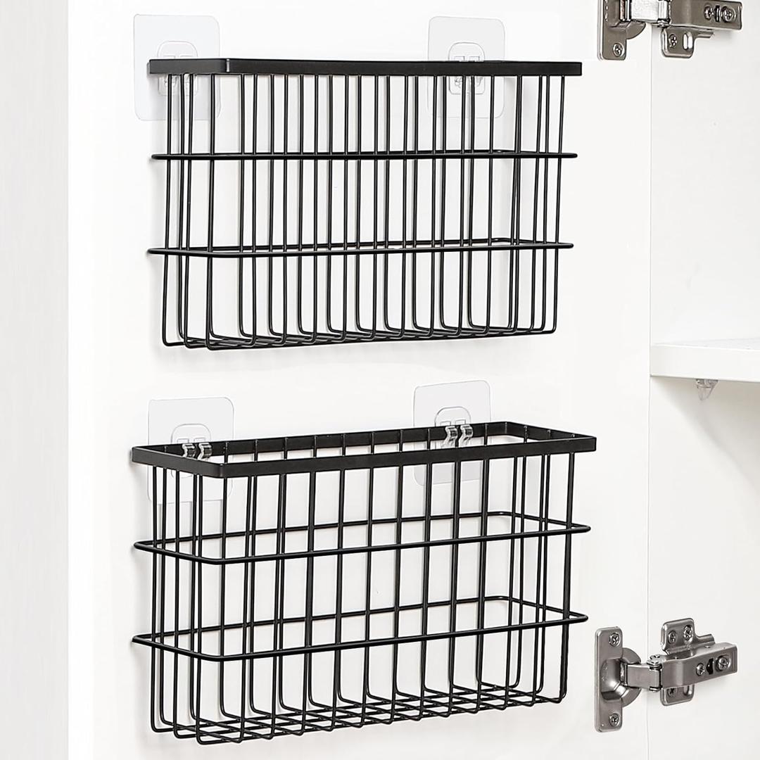 2 Pack Cabinet Door Organizer, Self Adhesive Lid Organizers Inside Cabinet Storage Boxes, Hanging Storage Basket Organizer Wall Mounted Pantry Caddy Cup Holder for Kitchen, Fridge, Bathroom (Black)