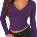 ForeFair Womens Casual V Neck Long Sleeve Shirts Going Out Double Lined Crop Tops Slim Fitted Basic Tee, Large