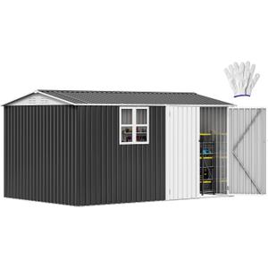 DWVO 12x8ft Large Tool Storage Shed with Window, Lockable Doors, and Sloped Roof, Oversized Steel Outdoor Storage Shed for Garden, Patio, Garage, Backyard, Lawn(Gray + White)