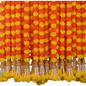 Marigold Garland for Decoration 5 Pcs of 5 feet Long Strands Artificial Marigold Flowers with Bell, Indian Dcor for Pooja/Diwali Decorations/Christmas (Orange + Yellow)