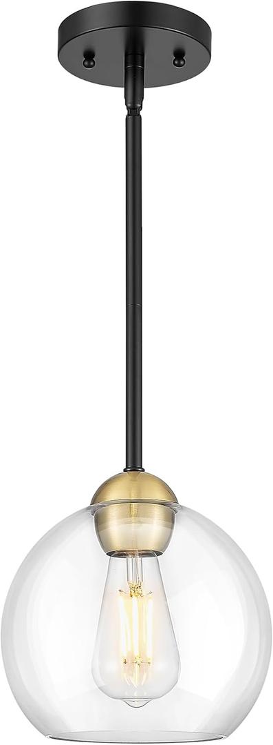 Emak Black and Gold Pendant Light, 8 Inch Globe Pendant Lights Kitchen Island with Clear Glass Shade, Modern Farmhouse Hanging Lights for Kitchen, Dining Room, Bar, PL121-BKBGD-CG