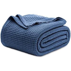 Bedsure 100% Cotton Blanket Queen Size for Bed - Breathable and Soft, Waffle Weave Blanket for Summer Spring, Navy, 90x90 Inches
