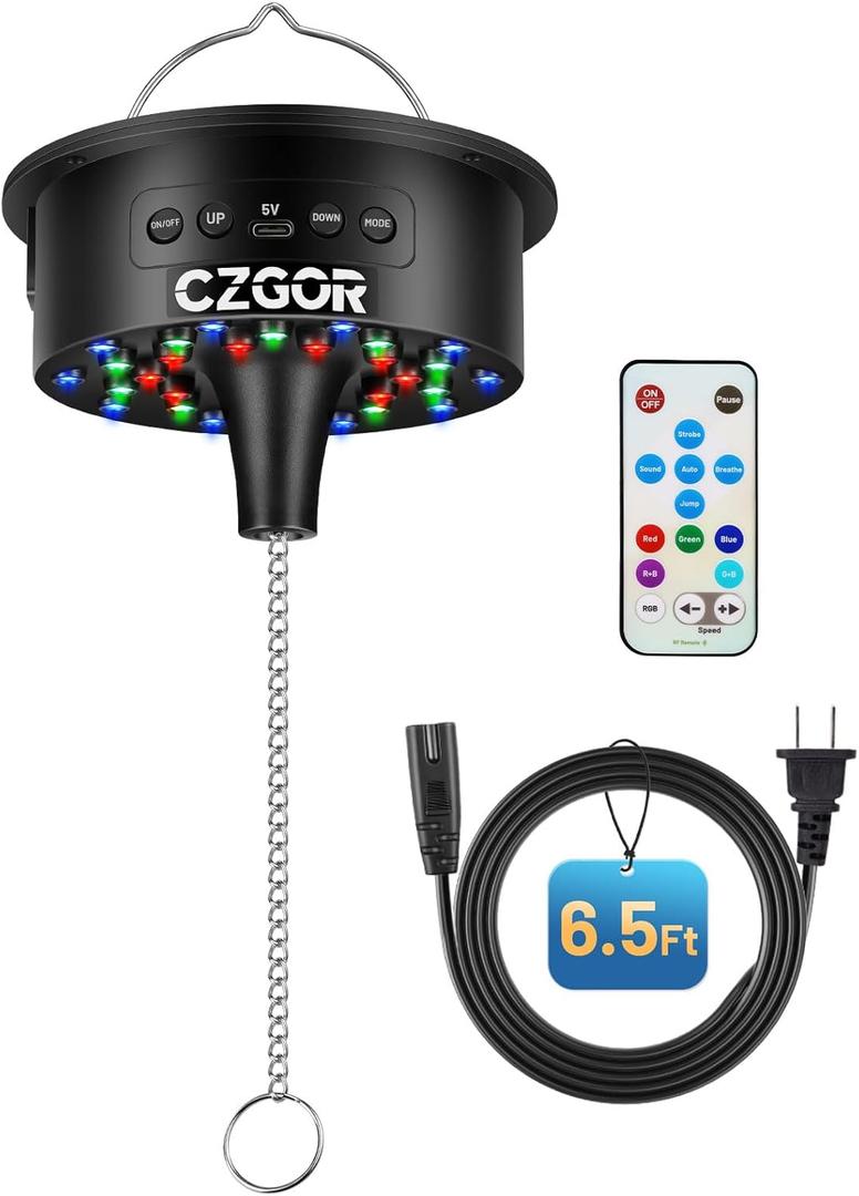 Disco Ball Motor with Light, 0/3/6/9/12/15 RPM Rotating Adjustable Speed Spinner with Remote, 6.5ft Detachable Power Cable/Battery/USB-C Power Mode, Supports 4'' - 16'' Mirror Balls for Party Outdoor