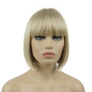 Straight Short Bob Hair Flat Bangs Cute Central Dot Skin Top Heat Resistant Synthetic Wigs, Blonde