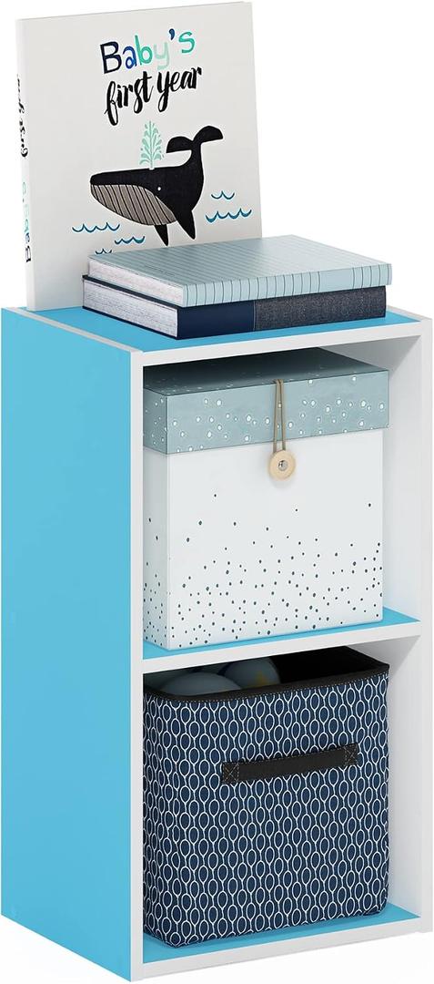 Furinno PASIR Book Shelf, 2-Tier Modern Bookshelf, Open Shelves Bookcase 9 x 12 x 21, Easy Assembly, for Living Room, Bedroom, Home Office, Light Blue/White, 2-Cube