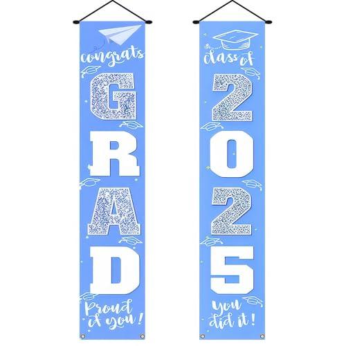 2 x BlissYard Graduation Decorations Graduation Banner 70x12 Inches Congrats Grad Banner Congrats Grad Class of 2025 with Graduation Caps and Stars Design for School Graduation Party Decor