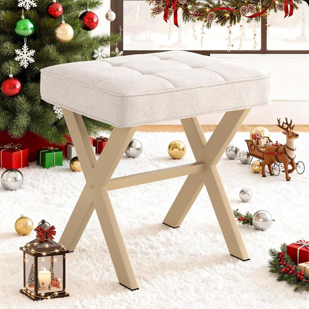 LUE BONA Square Linen Makeup Stool, Metal X Legs, Small Ottoman Stool Chair for Vanity, Modern Padded Seat Foot Rest for Makeup Room, Bathroom