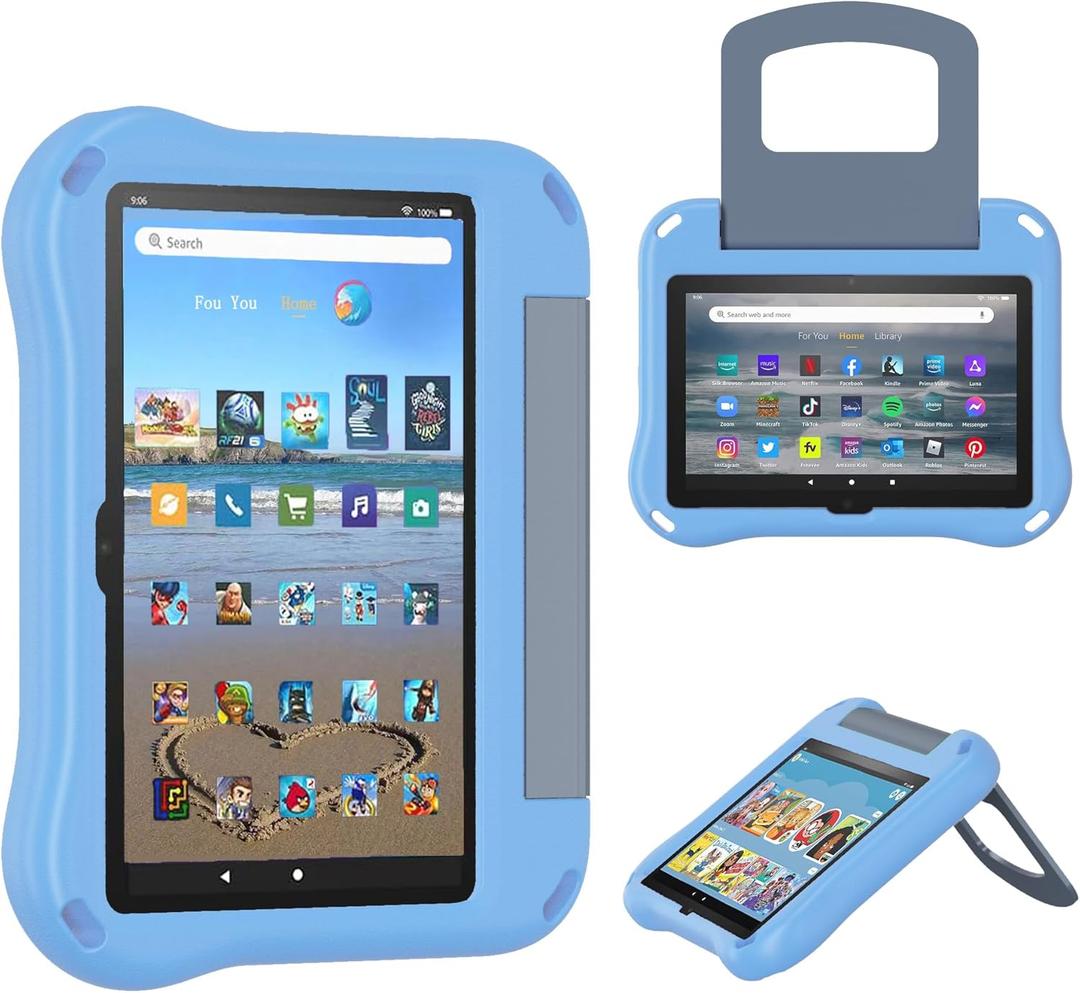 8 Tablet Case for Kids(2022/2020 Release,12th/10th Generation),Incompatible with iPad Samsung,Light Weight Shock Proof Friendly,Foldable Stand at Any Angle,Portable Handle Kid-Proof Case (Light Blue)