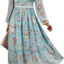 Women's Spring Wrap Maxi Dress Floral V Neck Long Sleeve Wedding Guest Party Casual Chiffon Dress (Lake Blue Flowers), XL