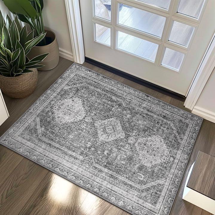 GENIMO 2x3 Non Slip Area Rug Doormat, Machine Washable & Low Pile, Vintage Small Lightweight Rugs for Entryway, Hallway, Kitchen, Bathroom and Bedroom, Gray GENIMO 2x3 Non Slip Area Rug Doormat, Machine Washable & Low Pile, Vintage Small Lightweight Rugs for Entryway, Hallway, Kitchen, Bathroom and Bedroom, Gray