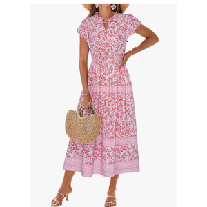 GRACE KARIN Women's Floral Boho Dress Hawaiian Dresse Short Sleeve V Neck Summer Beach Wedding Guest Swing Maxi Sundress, L