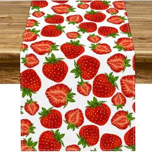 Pudodo Strawberry Table Runner Spring Summer Fruit Strawberry Themed Birthday Baby Shower Party Kitchen Dining Home Decoration (13" x 108")