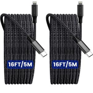 16FT Extra Long iPhone Charger Cord, 2-Pack SCRUAK [MFi Certified] 16 Ft USB C to Lightning Cable Fast Charging Nylon Braided iPhone Charger Cable for iPhone 14/14 Pro/14 Pro Max/13/12, iPad, AirPods.