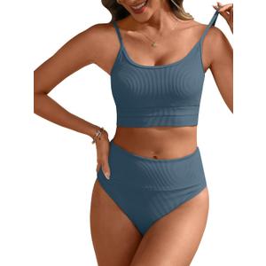 ANRABESS Women High Waisted Bikini Sets Color Block Summer Beach Vacation 2 Piece Bathing Suit Tummy Control Ribbed Swimsuit (Large, Grey Blue)