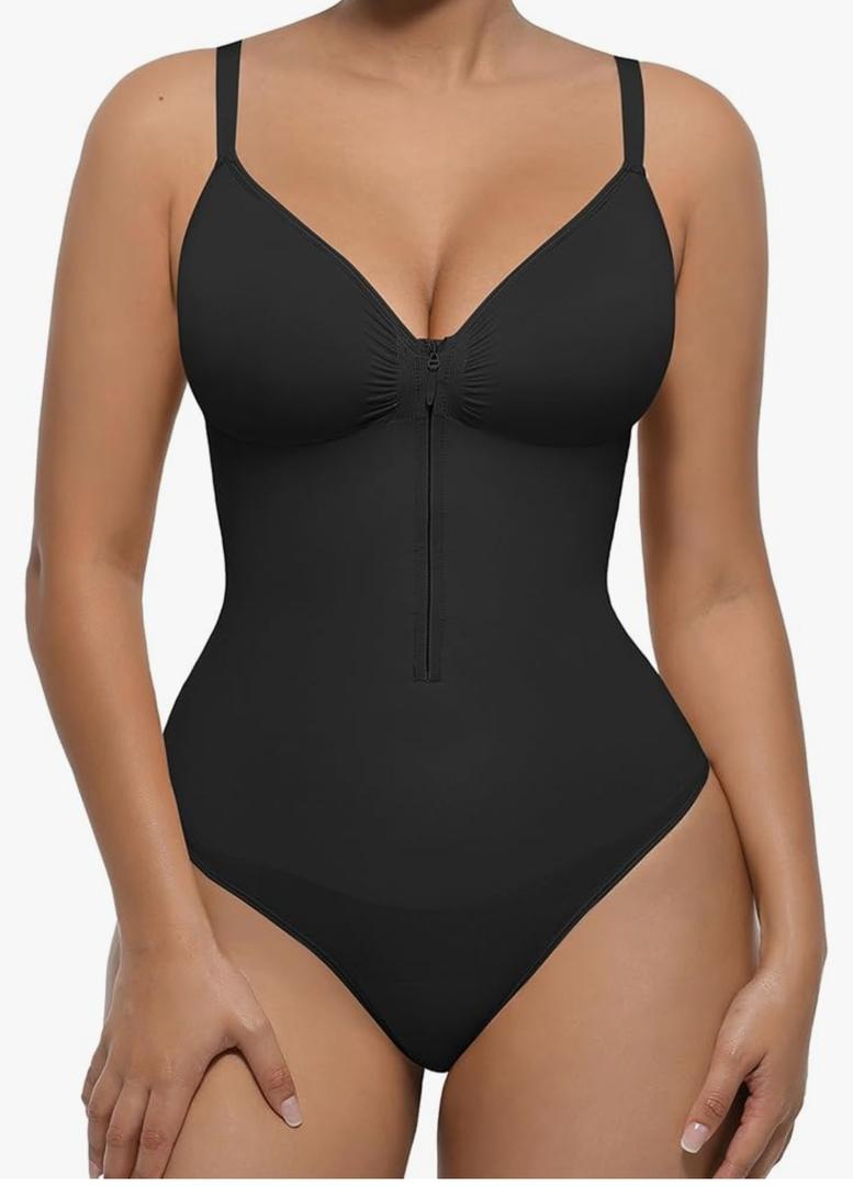 FeelinGirl Shapewear Bodysuit Tummy Control for Women Zip-Up Shapewear Thong Waist V Neck Body Shaper Going Out Black, M