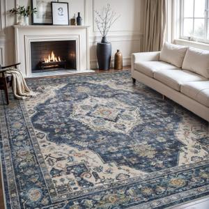 AMOAMI-Area Rug 9X12 Rugs for Living Room-Vintage Soft Blue Rugs for Bedroom-Non Slip Carpet-Washable Rug for Dining Room Living Room Bedroom Office Under Table