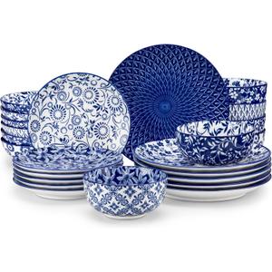vancasso SELENE Plates and Bowls Set for 6, 24 Pieces Dinnerware Sets, Mircowave and Dishwasher Safe Dishes Set, Porcelain Blue Dinnerware