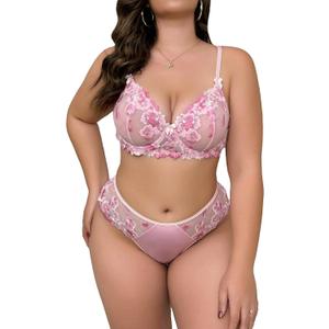 WDIRARA Women's Plus Size Floral Embroidery Mesh Underwire Lingerie Set Bra and Panty Set (3X-Large Plus, Pink)