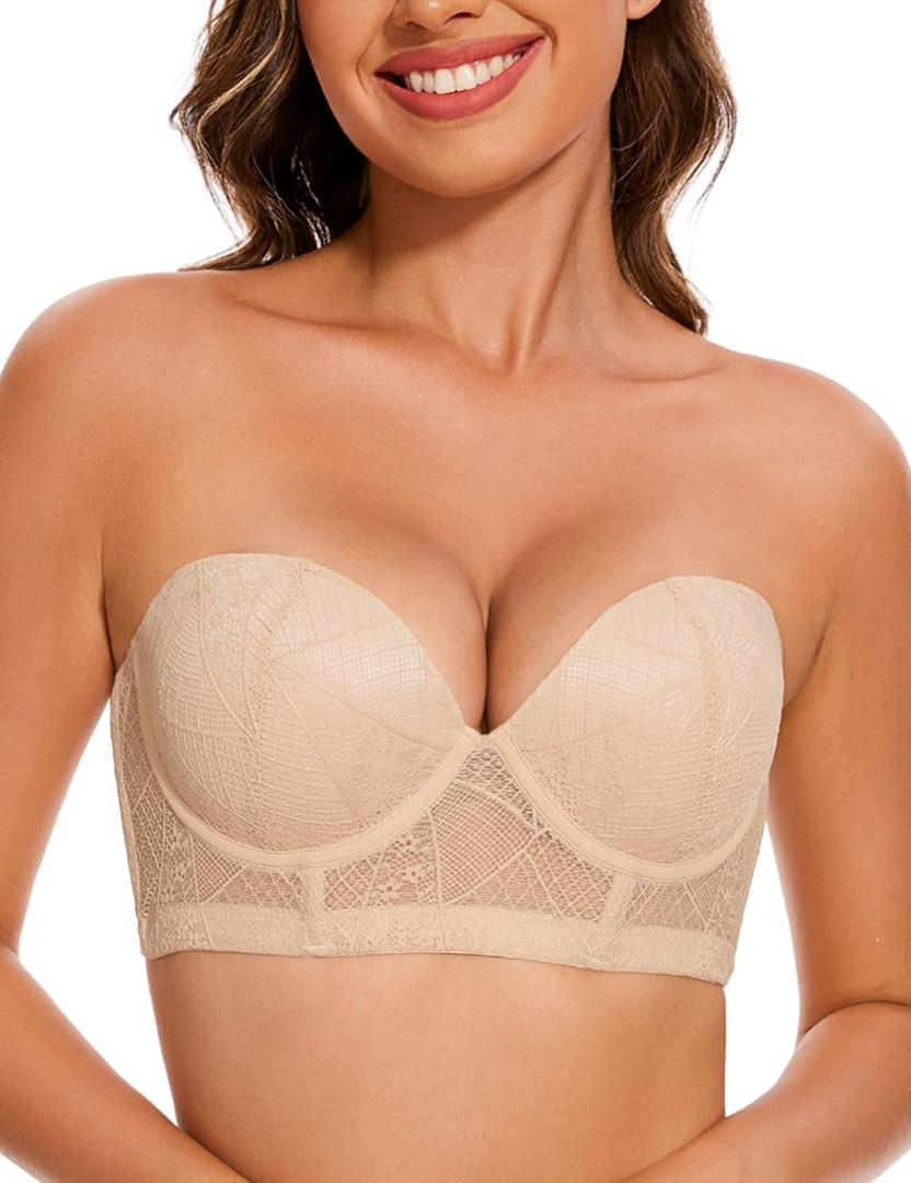 Longline Strapless Push Up Bras for Women Ultra Padded Uplift Multiway Lace Corset Bra with Underwire Support (32D, Nude)