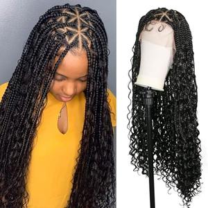 Janyuwool 36" Boho Triangle Knotless Box Braided Wigs Full Double Lace Braid Wig for Women Lace Frontal Human Hair Blended Braided Wig with Boho Curls Lace Front Braids Wigs with Baby Hair (Black)