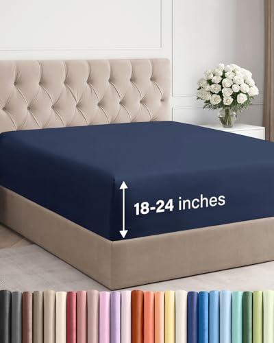 Extra Deep King Fitted Sheet - Hotel Luxury Single Fitted Sheet Only - Easily Fits 18 inch to 24 inch Mattress - Ultra Soft, Wrinkle & Fade Free w/Extra Deep Pockets - Breathable & Comfy - Navy Blue