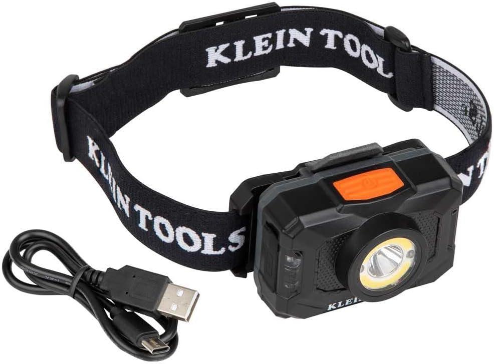 Klein Tools 56414 Rechargeable 2-Color LED Headlamp, Fabric Strap, Spotlight, Floodlight, Red LED, 800 Lumens, USB Cable, Camping, Running