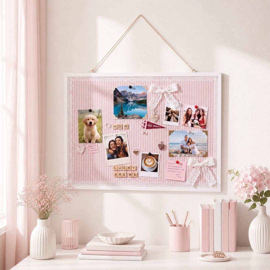 Wenqik 24" X 18" College Dorm Cork Board Linen Stripe Bulletin Board, Pink