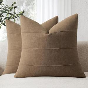 ZWJD Decorative Linen Throw Pillow Covers 26x26 Set of 2 Solid Handcrafted Striped Cushion Covers for Bed Soft Modern Farmhouse Neutral Pillowcase for Couch Bedroom Living Room Home Decor(Coco Brown)