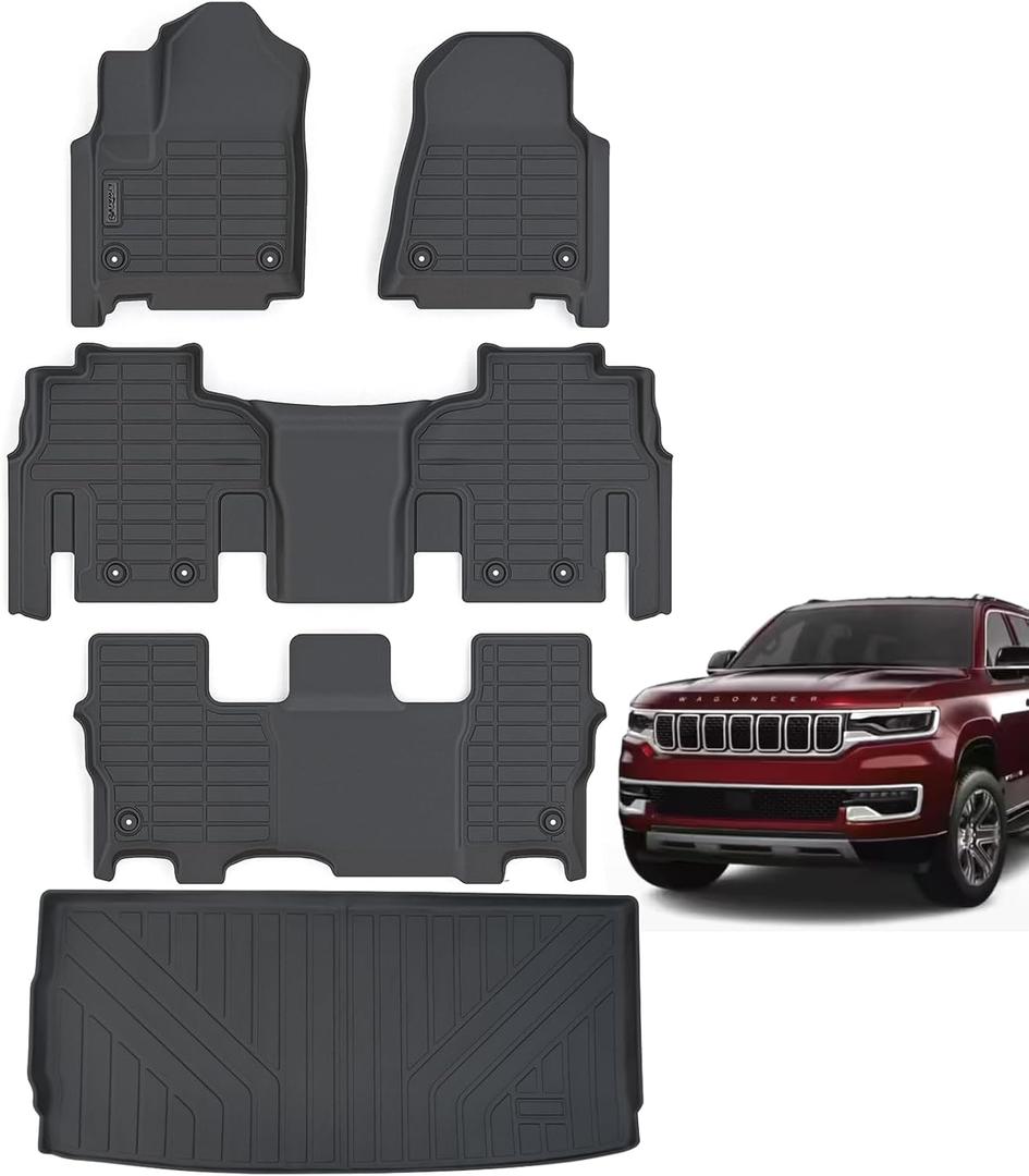 Floor Mats & Trunk Mat for Jeep Wagoneer 2022 2023 2024 2025 Only Filt 8 Seats Version(2 Row Bench Seats),TPE All Weather Protection 3 Rows Car Floor Liners with Cargo Liner