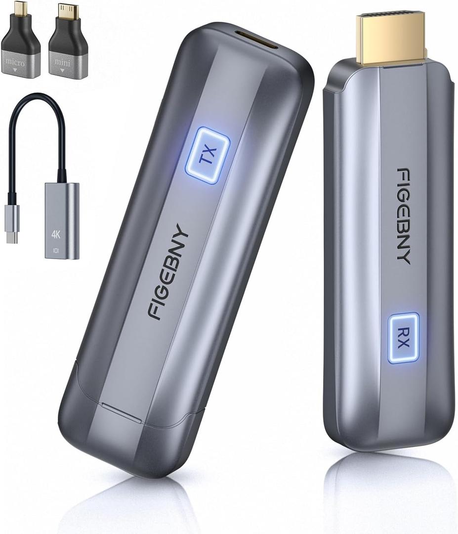 Wireless HDMI Transmitter and Receiver 4K, FIGEBNY Wireless HDMI Extender Sender Kit 2.4G/5G for Streaming Video Audio to Monitor for TV Box/PC/Laptop/HDTV/Projector Camera Portable Gray