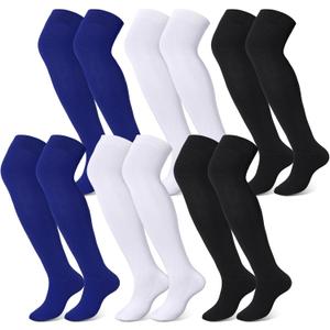 Hicarer 6 Pairs High Baseball Socks over Knee Football Softball Sock Youth Combo Long Sport Men Tube Socks Women (X-Large, Blue, White, Black)