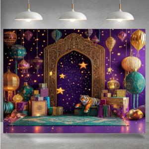 Arabian Moroccan Nights Party Backdrop Indian Style Purple Decoration with Gold Arches, Lanterns and Stars Suitable for Festive Celebrations (10x8FT)