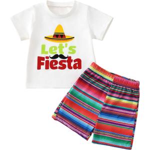 Noubeau Toddler Baby Girl Boy Cinco De Mayo Outfit Let's Fiesta Short Sleeve T-Shirt Short Set Mexican Outfits
