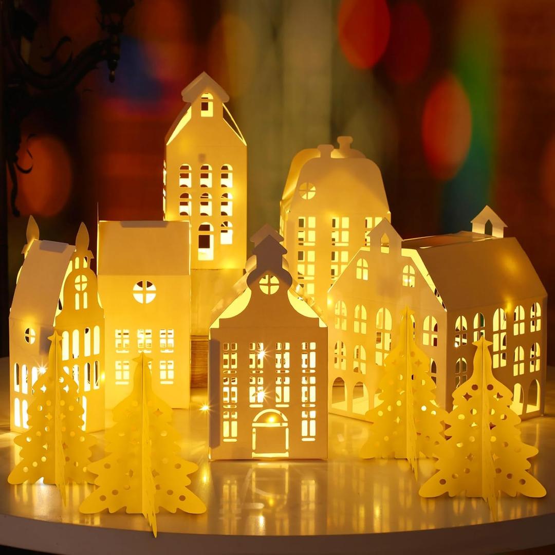 10 Pcs 3D Christmas Village Houses Sets White Winter Village with Light Xmas Houses and Trees Lantern Paper Decoration Christmas Figurines Scene Desktop Ornament for Home Xmas Village Party Decor