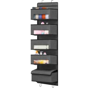 Over Door Hanging Organizer - Closet Door Storage Organizer 5 Large Pockets, Door Organizer Hanging Clear Window Pocket, 4 Metal Hooks for Baby Nursery Bedroom Pantry Bathroom, Grey