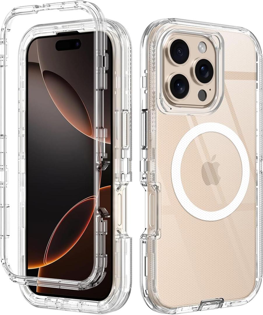 I-HONVA for iPhone 16 Pro Max Case Clear [Non Yellowing] [Compatible with MagSafe] Shockproof 3-Layer Full Body Protection Rugged Heavy Duty Cover Case for Apple iPhone 16 Pro Max 6.9",Clear